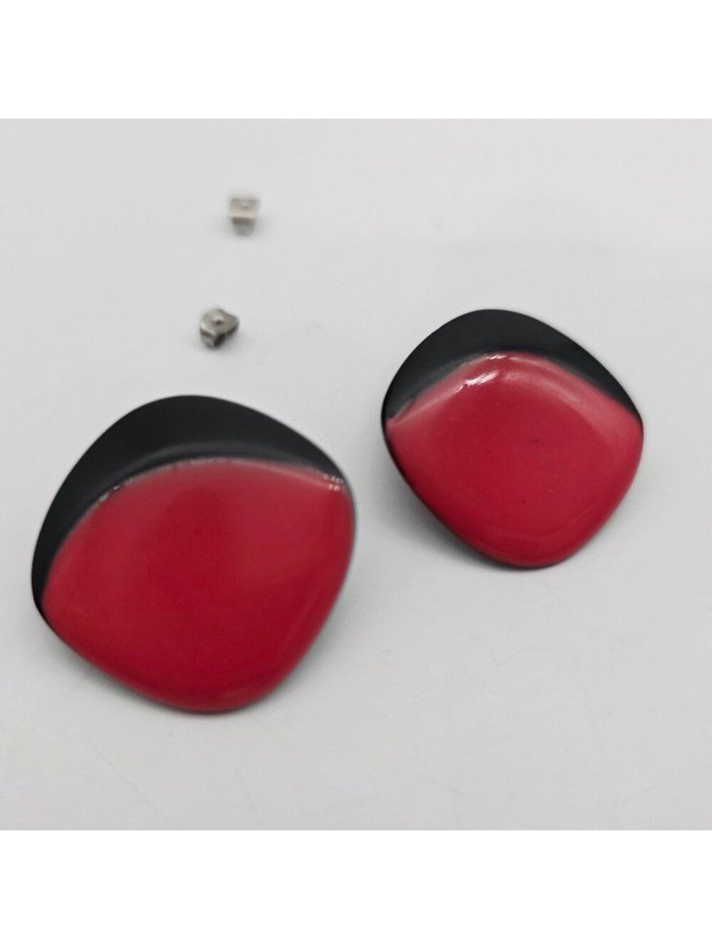 Red & Black Geometric Enamel Post Earrings For Women 1.25"